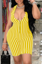 Yellow Sexy Striped Patchwork U Neck Skinny Rompers