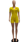 Yellow Casual Solid Patchwork Pocket Zipper Turndown Collar Skinny Rompers