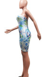 Blue Sexy Print Patchwork Strapless Skinny Rompers