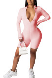 Pink Fashion Casual Patchwork Solid zipper Long Sleeve V Neck Rompers