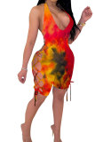 rose red Fashion Sexy Tie-dyed Coloured drawing Hollow Sleeveless Hanging neck Rompers