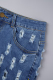 Deep Blue Street Solid Hollowed Out Pocket Buttons Zipper Mid Waist Skinny Denim Shorts