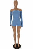 Blue Sexy bandage Backless Solid Split Long Sleeve one word collar Rompers