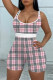 Pink Sexy Plaid Striped Print Patchwork Spaghetti Strap Skinny Rompers