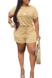 Yellow Fashion Casual Print Striped Patchwork bandage Short Sleeve O Neck Rompers