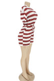 Deep red Fashion Casual Striped Short Sleeve O Neck Rompers