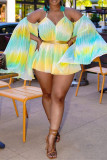 Cyan Fashion Casual Print Backless V Neck Regular Rompers