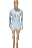 Light Blue Fashion Casual Solid zipper Long Sleeve Hooded Rompers