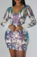 White Elegant Print Sequins Patchwork Zipper V Neck Wrapped Skirt Dresses