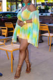 Cyan Fashion Casual Print Backless V Neck Regular Rompers