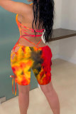 Orange Fashion Sexy Tie-dyed Coloured drawing Hollow Sleeveless Hanging neck Rompers