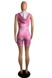 Pink Fashion Casual Print Patchwork Tie-dyed zipper Sleeveless Hooded Rompers