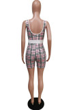Pink Sexy Plaid Striped Print Patchwork Spaghetti Strap Skinny Rompers
