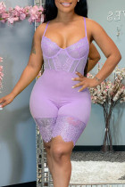Purple Sexy Solid Patchwork See-through Spaghetti Strap Skinny Rompers
