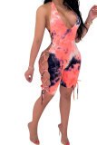 rose red Fashion Sexy Tie-dyed Coloured drawing Hollow Sleeveless Hanging neck Rompers