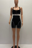 Yellow Sportswear Letter Print Patchwork U Neck Skinny Rompers