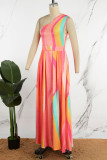 Multicolor Casual Print Backless Slit Oblique Collar Long Dress Dresses