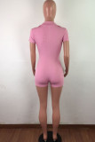 Pink Fashion Casual bandage Button Solid Short Sleeve Turndown Collar Rompers