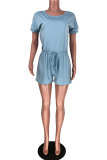 Blue Fashion Casual Patchwork bandage Solid Short Sleeve O Neck Rompers