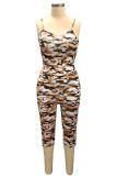 Brown Sexy Print Camouflage Print Spaghetti Strap Regular Rompers