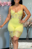 Yellow Sexy Solid Patchwork See-through Spaghetti Strap Skinny Rompers