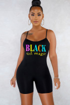 Black Fashion Sexy Print letter Sleeveless Slip Rompers