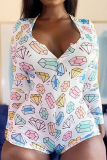 Blue Casual Print Patchwork O Neck Skinny Rompers