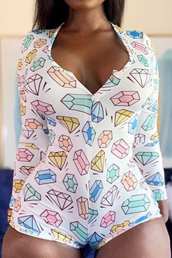 White Casual Print Patchwork O Neck Skinny Rompers