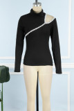 Black Casual Solid Hollowed Out Patchwork Turtleneck Tops