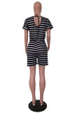 Black Fashion Casual Print Striped Patchwork bandage Short Sleeve O Neck Rompers
