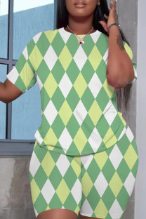 Green Casual Print Basic O Neck Short Sleeve Two Pieces