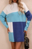 White Blue Casual Patchwork Contrast O Neck Long Sleeve Dresses