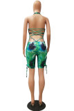Green Fashion Sexy Tie-dyed Coloured drawing Hollow Sleeveless Hanging neck Rompers