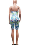 Blue Sexy Print Patchwork Strapless Skinny Rompers