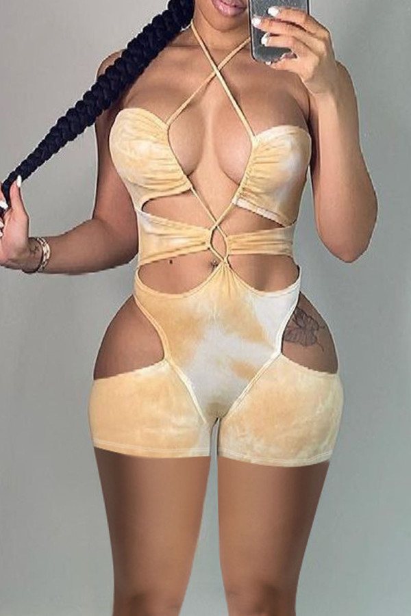 Yellow Sexy Print Hollowed Out Patchwork Frenulum Asymmetrical Collar Skinny Rompers