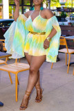 Cyan Fashion Casual Print Backless V Neck Regular Rompers