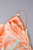 Orange Sexy Print Patchwork Backless Slit Spaghetti Strap Long Dress Dresses