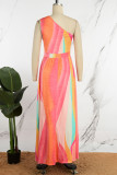 Multicolor Casual Print Backless Slit Oblique Collar Long Dress Dresses