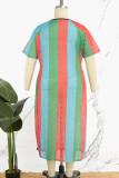 Sky Blue Casual Striped Patchwork See-through Slit O Neck Short Sleeve Dress Plus Size Dresses