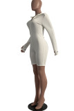 White Fashion Casual Patchwork Solid zipper Long Sleeve V Neck Rompers