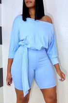 Light Blue Fashion Casual Solid one word collar Rompers