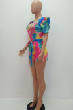 multicolor Fashion Casual Print Tie-dyed Short Sleeve V Neck Rompers