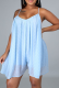 Light Blue Sexy Solid Mesh Spaghetti Strap Loose Rompers