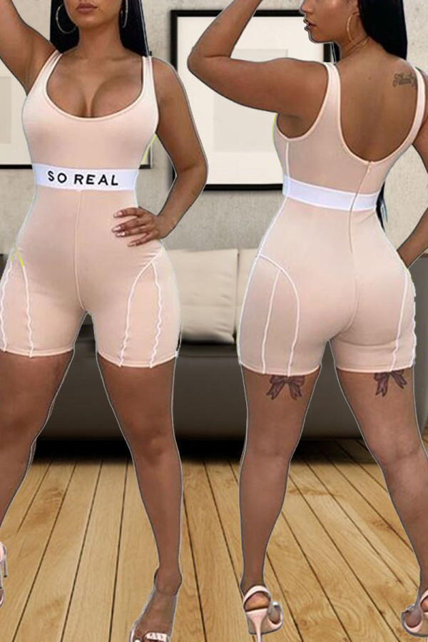 Apricot Sportswear Letter Print Patchwork U Neck Skinny Rompers