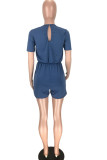Cyan Sexy Solid Short Sleeve O Neck Rompers
