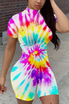 White Fashion Casual street Print Tie-dyed Short Sleeve O Neck Rompers