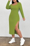 Green Yellow Casual Solid Slit O Neck Long Sleeve Plus Size Dresses
