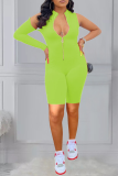 Light Green Casual Solid Patchwork Zipper Collar Skinny Rompers