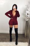 Red Long Sleeve Solid Straight shorts Rompers