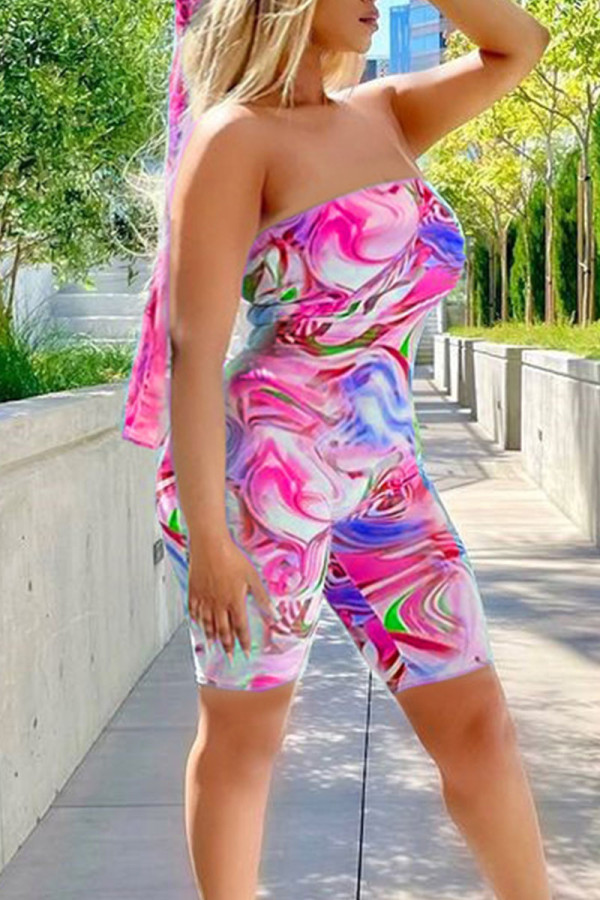 Rose Red Sexy Print Patchwork Strapless Skinny Rompers